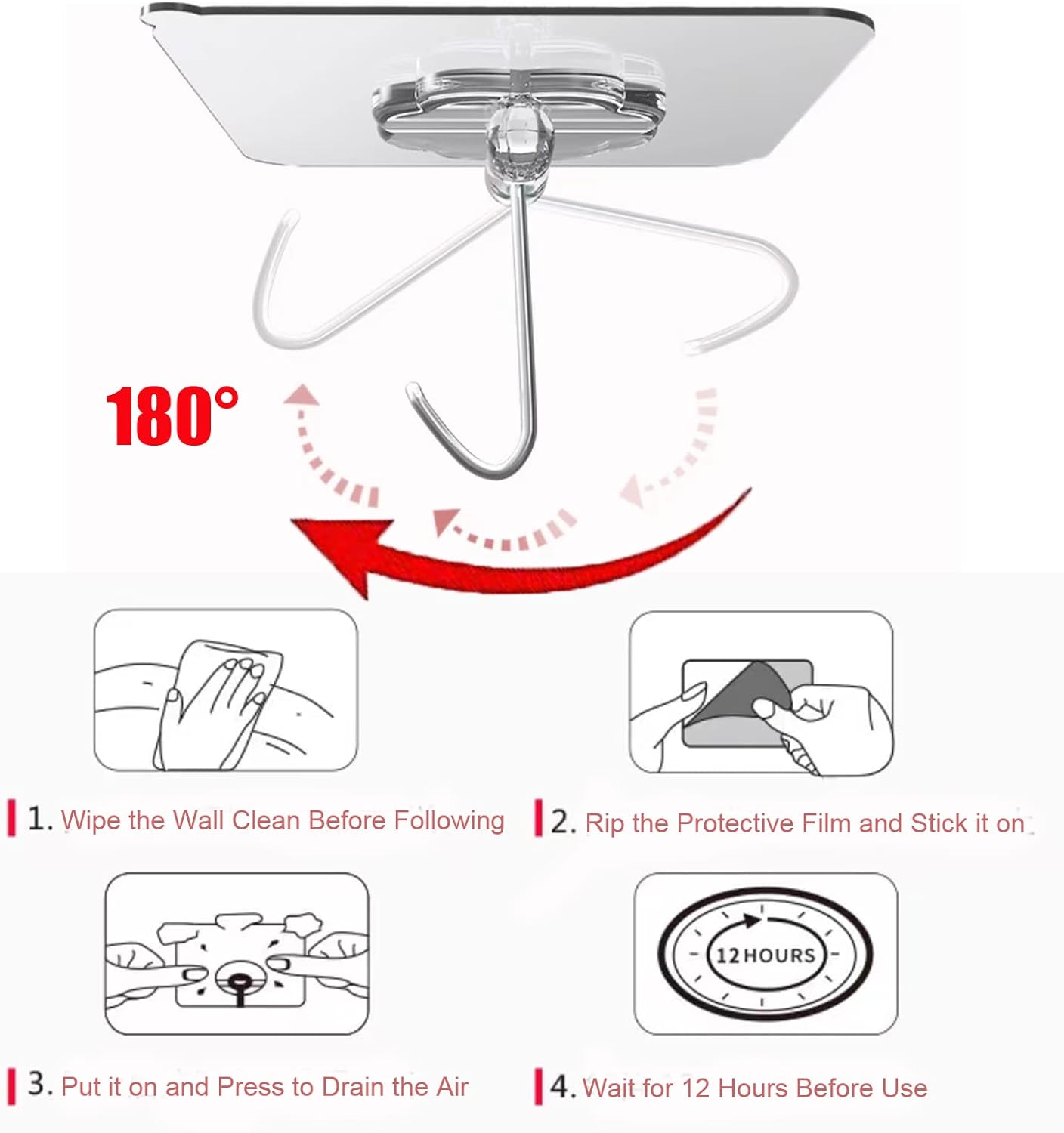 Adhesive Wall Hooks for Hanging Heavy Duty 50 lbs Large Hooks for Walls No Damage. Towel Sticky Clear Hook. Waterproof. Home. Bathroom. Kitchen. Office. and Outdoor 10 Pack - Image 7