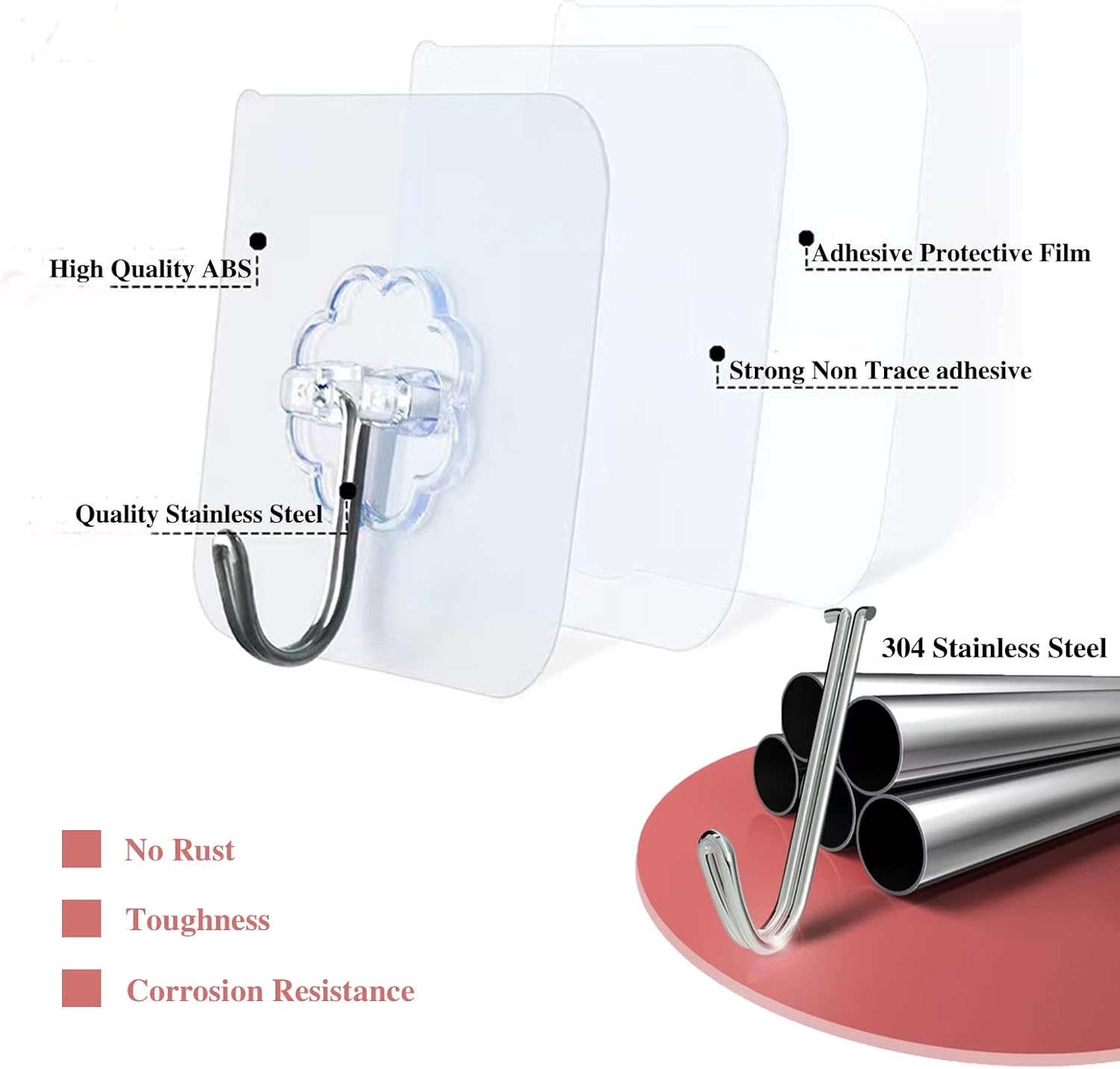 Adhesive Wall Hooks for Hanging Heavy Duty 50 lbs Large Hooks for Walls No Damage. Towel Sticky Clear Hook. Waterproof. Home. Bathroom. Kitchen. Office. and Outdoor 10 Pack - Image 6