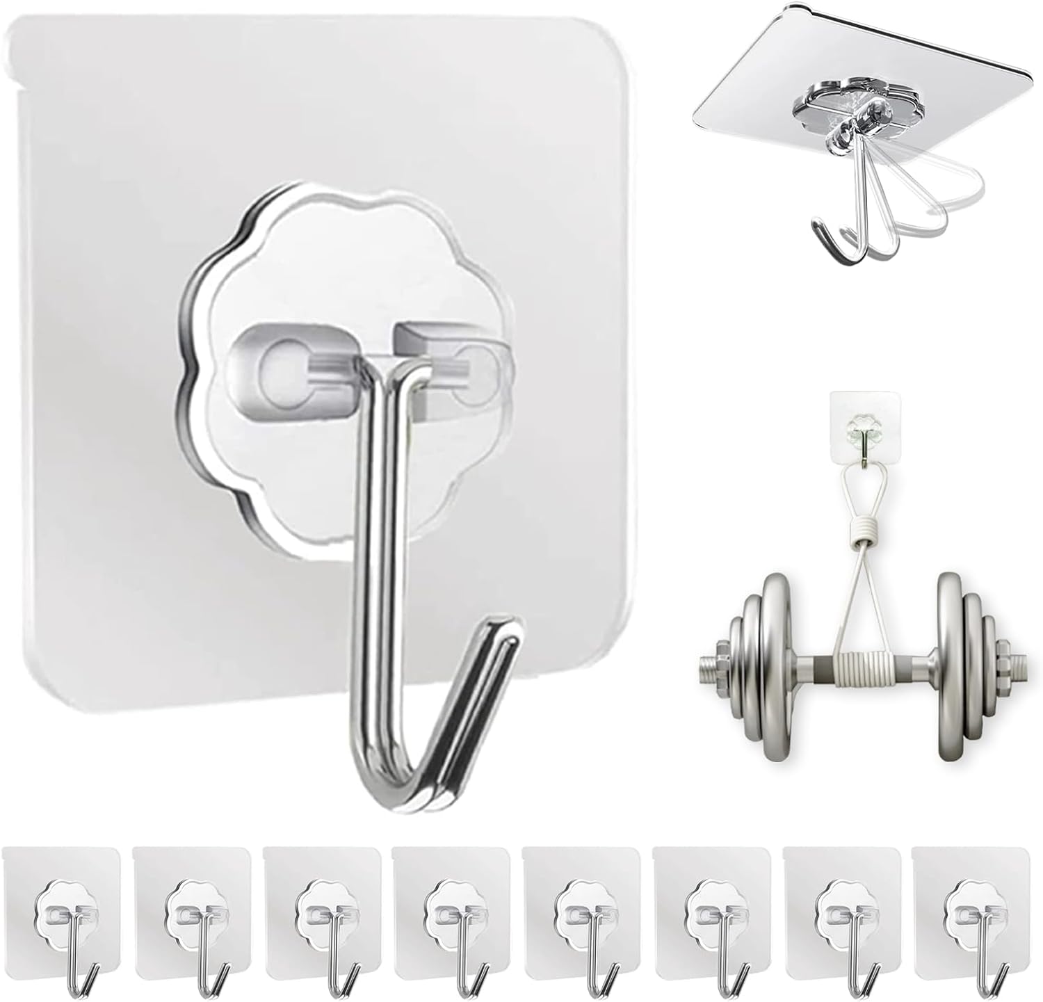 Adhesive Wall Hooks for Hanging Heavy Duty 50 lbs Large Hooks for Walls No Damage. Towel Sticky Clear Hook. Waterproof. Home. Bathroom. Kitchen. Office. and Outdoor 10 Pack