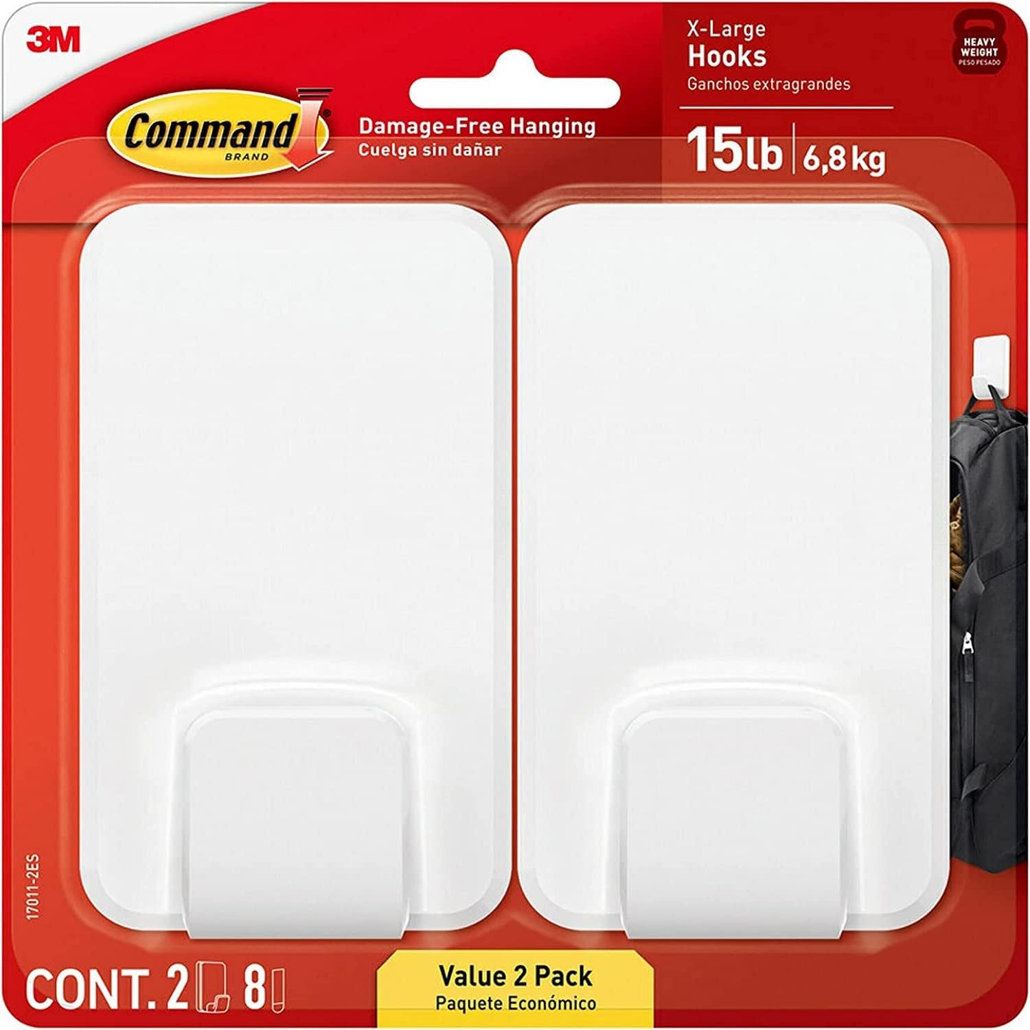 Command 15 Lb XL Heavyweight Wall Hook. Damage Free Hanging Wall Hook with Adhesive Strips. Heavy Duty Single Wall Hook for Hanging Back to School Organizers. 2 White Hooks and 8 Strips