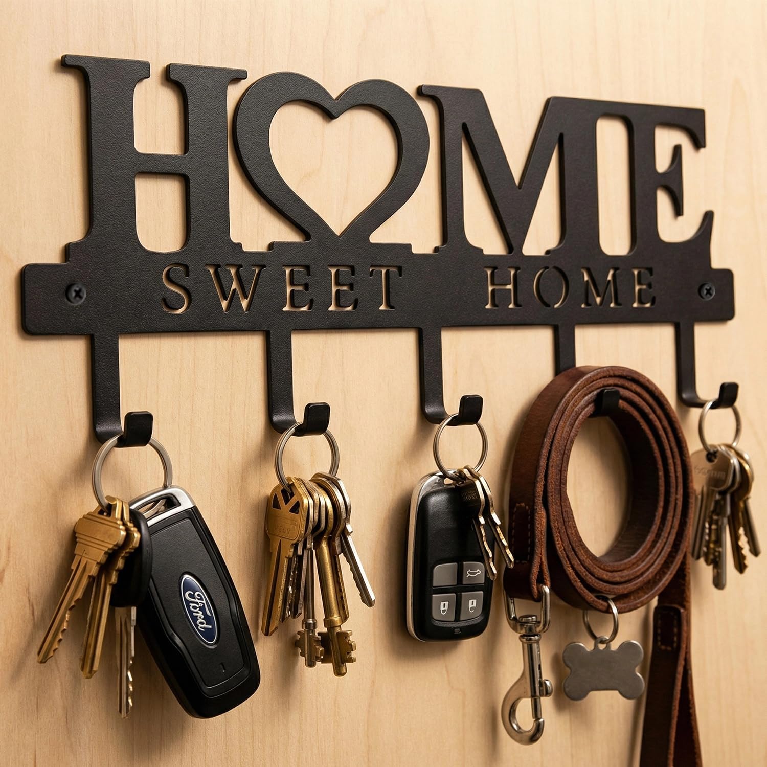 Entryway Wall Key Holder with 5 Hooks. Metal Key Rack Wall Mount for Keys. Bags and Leashes. Decorative Organizer for Entryway. Mudroom or Hallway. Sweet Home Design. 9.8 inches. Black - Image 7