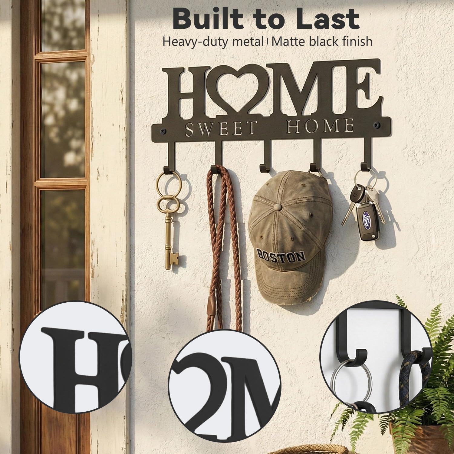 Entryway Wall Key Holder with 5 Hooks. Metal Key Rack Wall Mount for Keys. Bags and Leashes. Decorative Organizer for Entryway. Mudroom or Hallway. Sweet Home Design. 9.8 inches. Black - Image 5