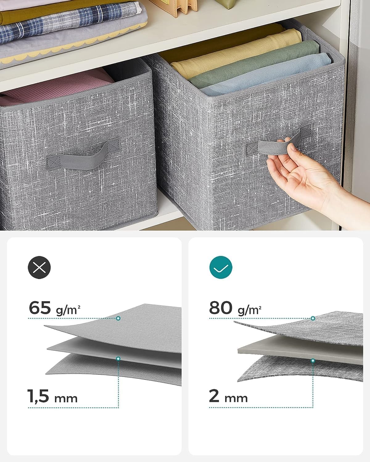 SONGMICS Storage Cubes. 11-Inch Non-Woven Fabric Bins with Double Handles. Set of 6. Closet Organizers for Shelves. Foldable. for Clothes. Cattail Gray UROB26LG - Image 6