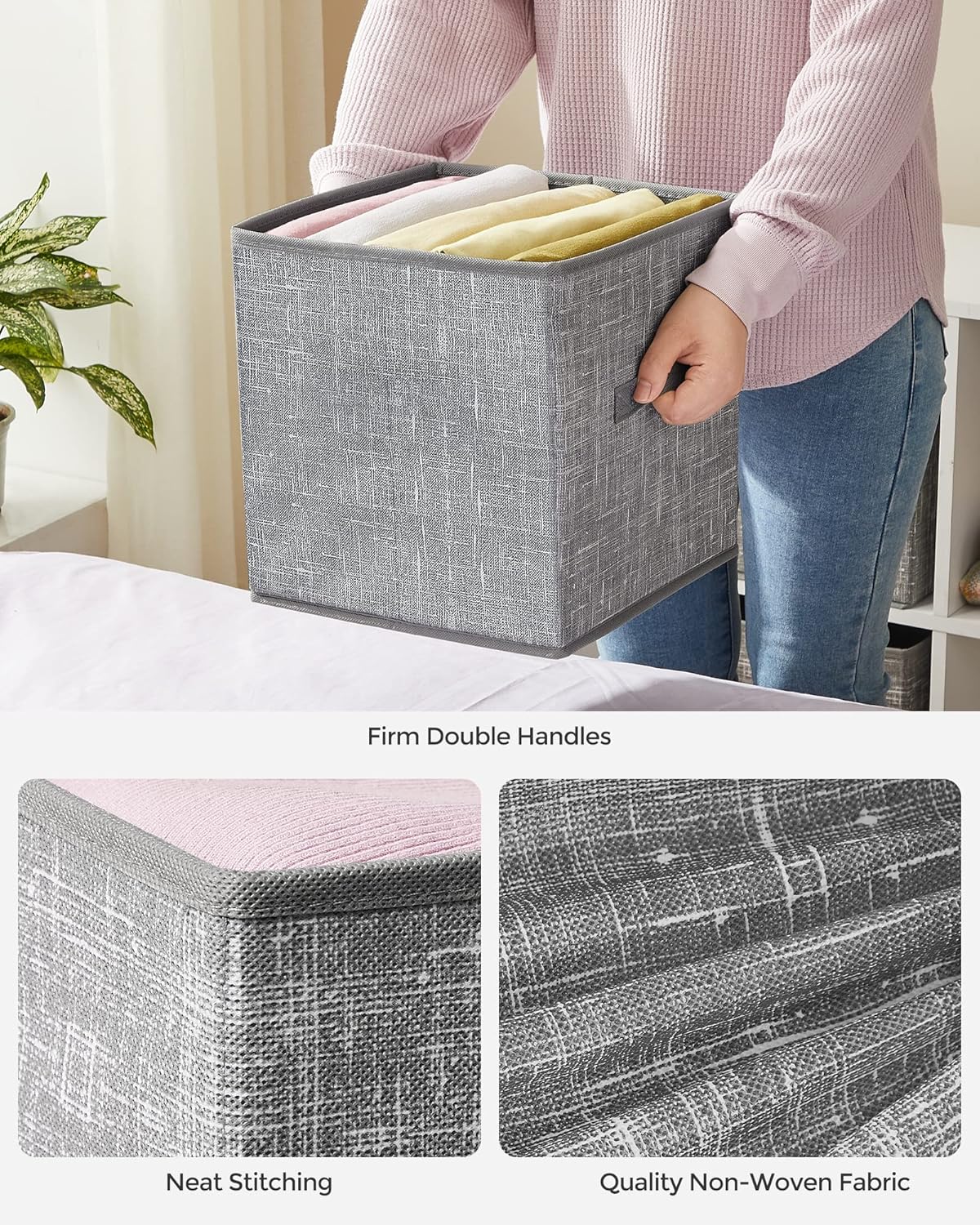 SONGMICS Storage Cubes. 11-Inch Non-Woven Fabric Bins with Double Handles. Set of 6. Closet Organizers for Shelves. Foldable. for Clothes. Cattail Gray UROB26LG - Image 5