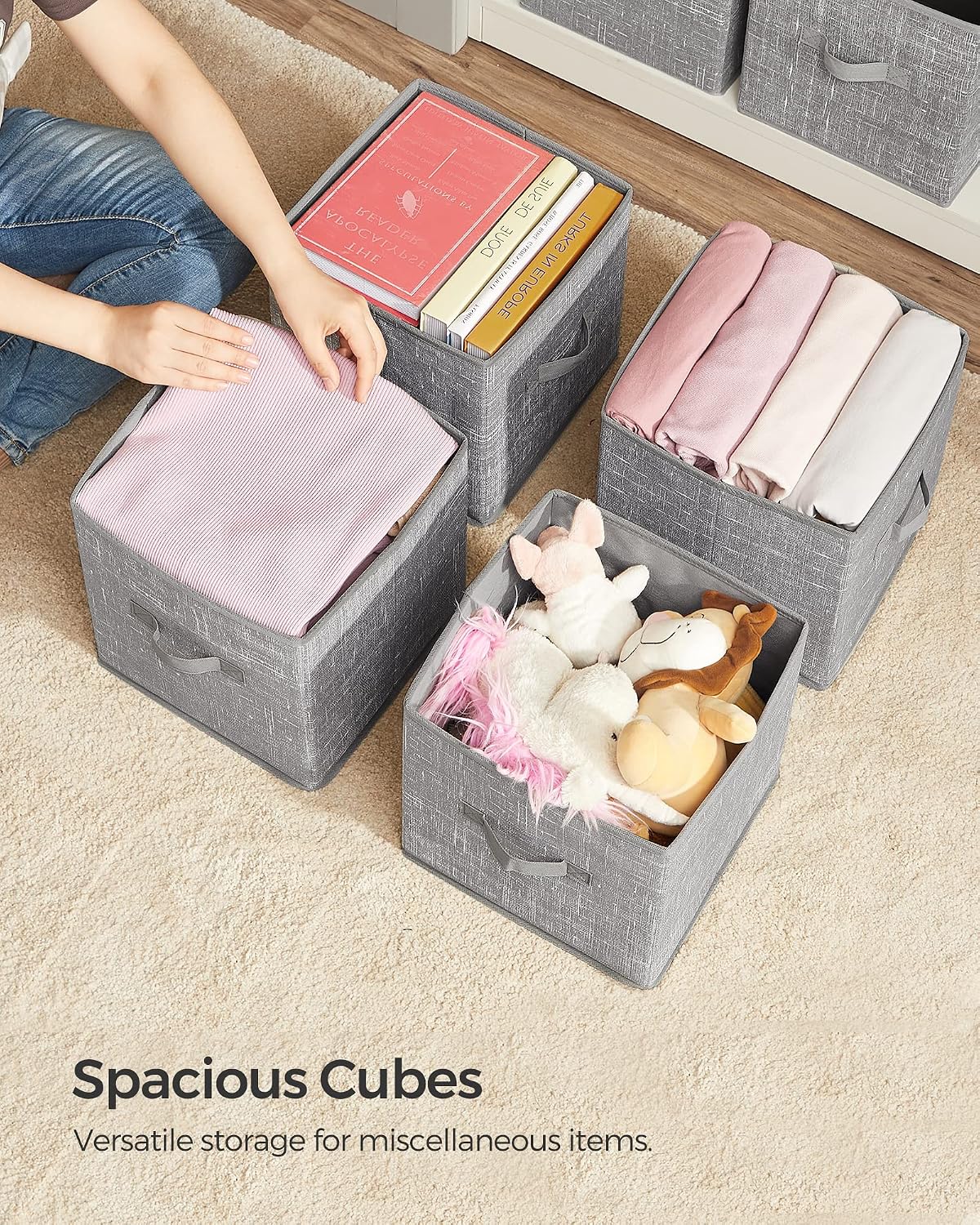 SONGMICS Storage Cubes. 11-Inch Non-Woven Fabric Bins with Double Handles. Set of 6. Closet Organizers for Shelves. Foldable. for Clothes. Cattail Gray UROB26LG - Image 9